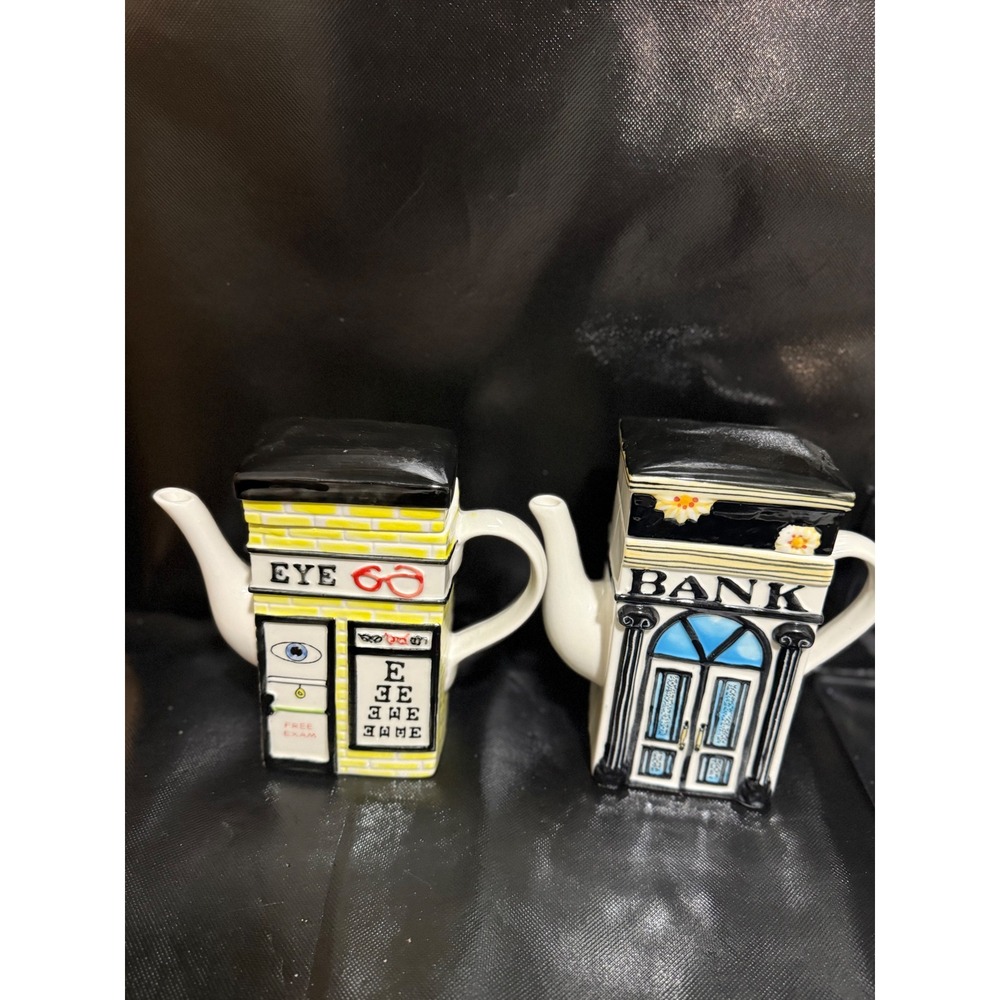 Set of 2 Novelty Teapots Eye Doctor Bank‎ Building Shaped Ceramic